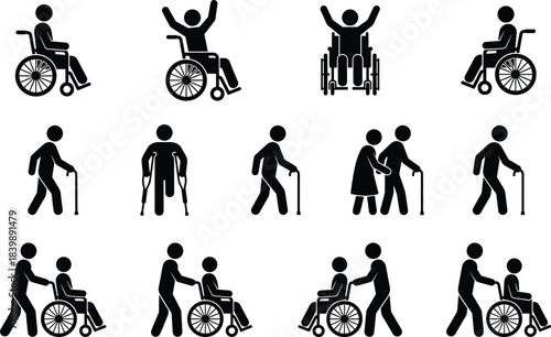 Vector illustration set of disability support icons showing wheelchair users, elderly assistance, mobility aid, caregiving actions, rehabilitation symbols, and inclusive healthcare pictograms