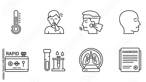 Comprehensive line icons illustrating common illness symptoms, medical testing, and diagnosis procedures