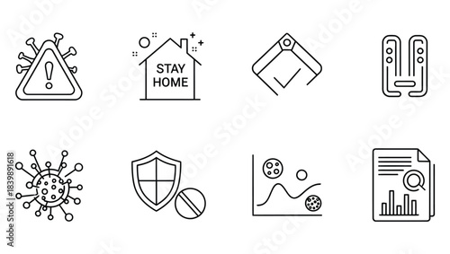 Collection of Outline Icons for Viral Outbreak, Safety, and Data Statistics