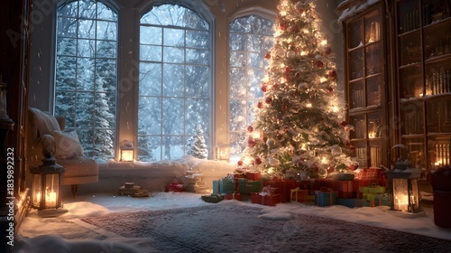Glowing illuminated evergreen stands beside large windows overlooking a snowy winter scene inside a cozy room