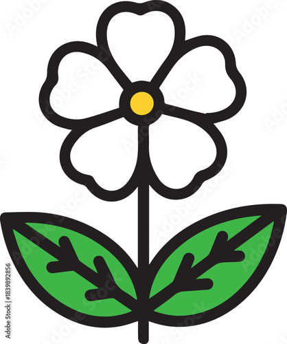Cute White Flower Icon with Green Leaves — Bold Outline Illustration