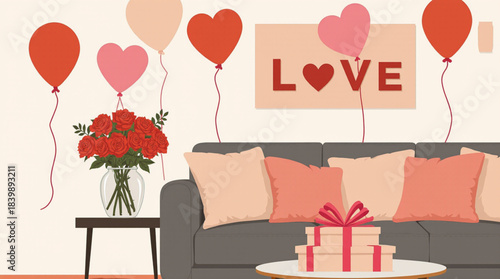 Cozy valentine s day living room decor with love sign and balloons