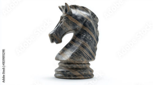 Fototapeta Naklejka Na Ścianę i Meble -  Highly detailed dark grey chess knight piece with subtle wood grain texture on stone surface, 3D render with realistic lighting and clean background