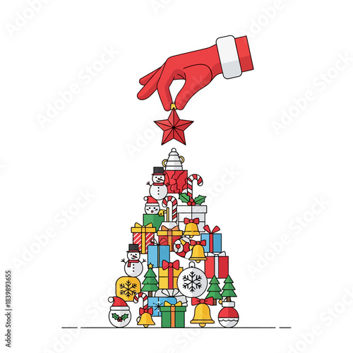 Adegan vektor: Tangan Santa meletakkan ornamen bintang merah terakhir di puncak struktur Natal abstrak yang dihiasi tongkat permen, lonceng, dan bola salju.