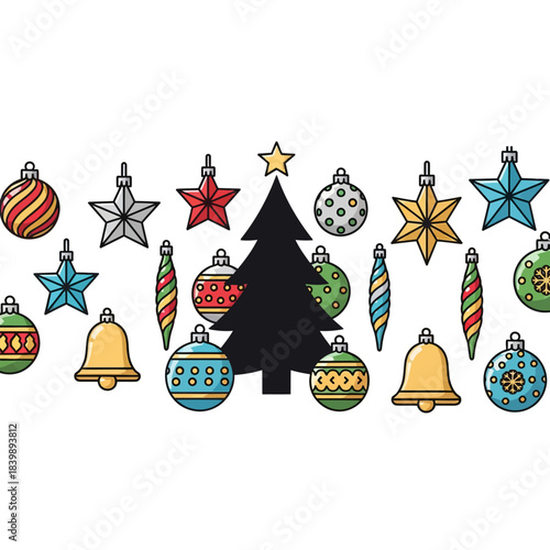 Ilustrasi vektor 2D datar cerah menampilkan baubles, bintang, dan candy canes yang mengapung dinamis di sekitar siluet pohon Natal sebagai latar belakang banner meriah produk liburan.