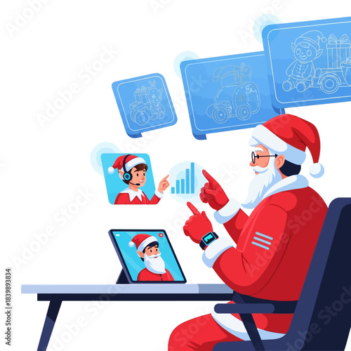 Adegan vektor datar 2D: Sinterklas modern yang paham teknologi mengadakan konferensi video dengan peri melalui tablet besar untuk mengelola inventaris mainan.
