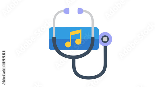Stethoscope Icon Overlapping A Blue Rectangle With A Yellow Musical Note Symbol Inside Representing Music Therapy Or Healthcare For Audio Services In A Flat Design Style