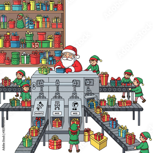 Ilustrasi vektor 2D hidup menunjukkan Sinterklas mengawasi mesin penyortir hadiah Natal otomatis di bengkel sibuk, dengan peri kecil mengelola sabuk konveyor berwarna-warni.