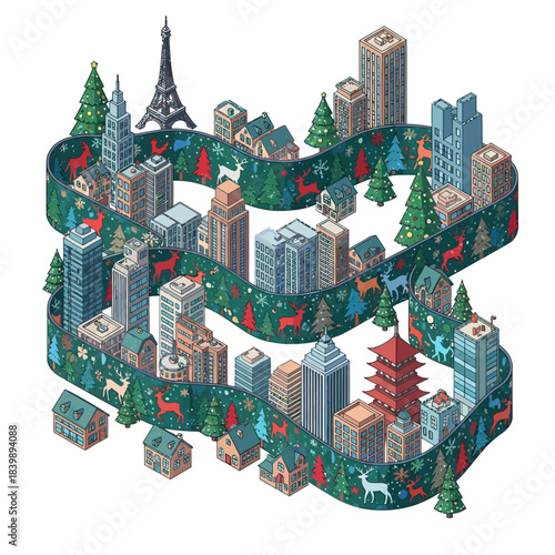 Ilustrasi vektor datar 2D yang meriah menampilkan bangunan kota bergaya dan rumah-rumah kecil yang dibungkus pola mulus pohon pinus, rusa kutub, dan kepingan salju, dilihat dari sudut isometrik.