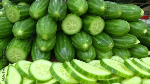 A large pile of fresh green cucumbers, with some cut in half and many slices in the foreground, showcasing their crisp texture.