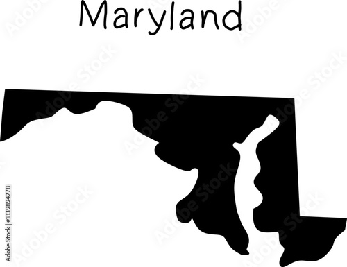 Black silhouette map of Maryland showing its detailed coastline and unique borders, perfect for educational use, infographics, digital design, and geographic projects