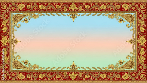 Ornate Frame and Sky Canvas: A richly detailed rectangular frame, adorned with intricate floral and paisley patterns, surrounds a softly colored gradient sky, creating a sense of luxury and elegance.