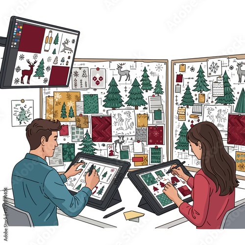 Dua profesional di studio tekstil menata visual vektor 2D untuk pola Natal mulus, menampilkan rusa kutub, kepingan salju, dan mistletoe pada papan suasana hati putih.