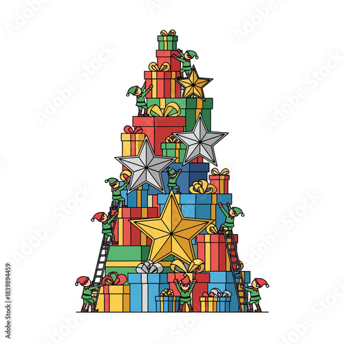 Ilustrasi vektor datar 2D yang menggambarkan peri-peri kecil memanjat tumpukan hadiah Natal yang tinggi, melambangkan logistik dan manajemen rantai pasokan liburan.