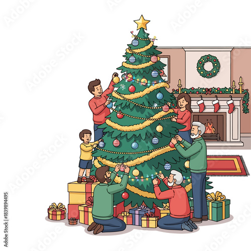 Adegan vektor datar 2D cerah menunjukkan keluarga multgenerasi yang bahagia mendekorasi pohon Natal besar yang dihiasi dengan ornamen detail, tinsel, dan lampu di ruang tamu yang nyaman.