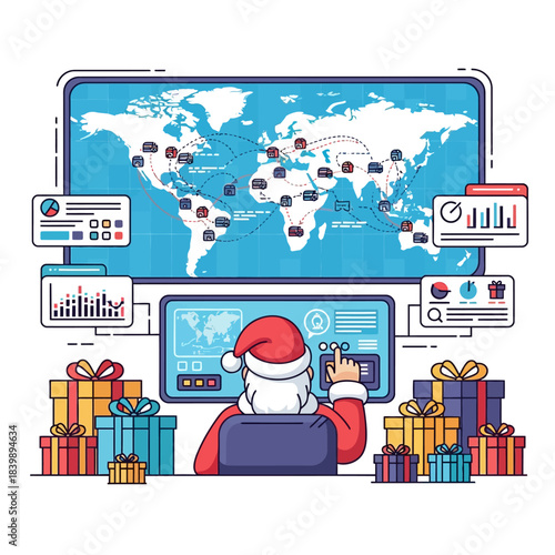 Ilustrasi vektor datar 2D yang cerah menunjukkan Sinterklas yang sibuk mengelola peta logistik pengiriman hadiah global yang kompleks pada layar digital raksasa, dikelilingi kotak hadiah meriah.