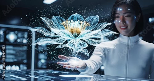 Woman Interacting with Holographic Flower in a Futuristic Setting.