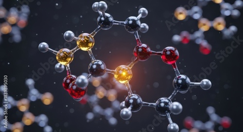 Fototapeta Naklejka Na Ścianę i Meble -  3d rendering of a complex molecular structure with glowing atoms and connecting bonds, set against a dark, speckled background