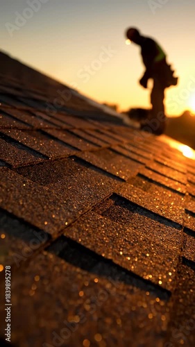 Roofer works on sloped roof during sunset. Construction professional installs shingles in golden hour light. Vertical shot captures expert craftsmanship and safety.