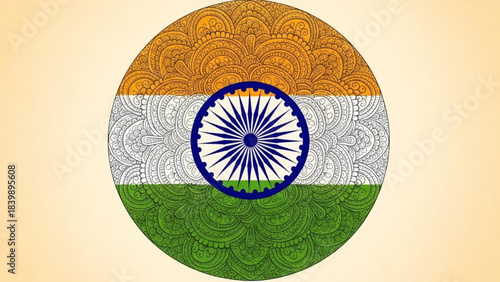 Indian Flag: A vibrant, artistic depiction of the Indian flag. Showcasing the colors of saffron, white, and green arranged in a circular format