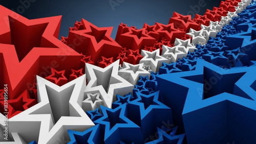 Patriotic Stars: An abstract artwork features an array of dynamic 3D stars, boldly colored in red, white, and blue, creating a vibrant representation of patriotism and national pride.