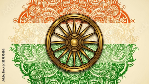 The Spirit of India: A stunning, artistic rendering of the Indian flag, the saffron, white, and green stripes are intricately embellished with elegant patterns.