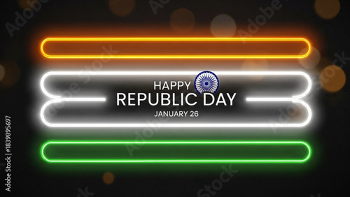 Republic Day Celebration: A vibrant neon design spells out Happy Republic Day, January 26, celebrating the national holiday with a dynamic display of patriotism.