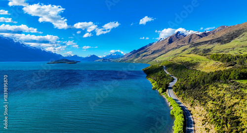  Aerial view Scenic Drive Along the road trip with Turquoise Waters of the New Zealand Highlands