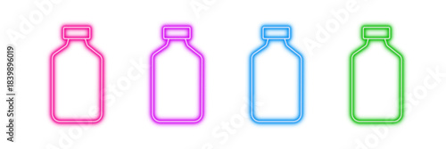 Neon glowing bottle vector icons set, liquid, drink, container, beverage, package, vibrant colorful digital design illustration on transparent background.