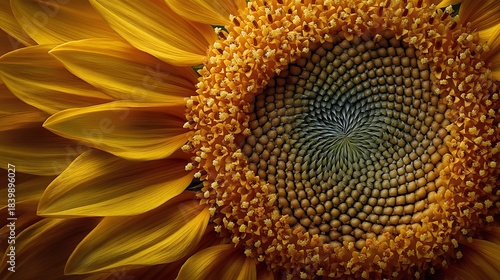 Stunning close-up of a spiral designed sunflower center showcasing nature's fibonacci pattern