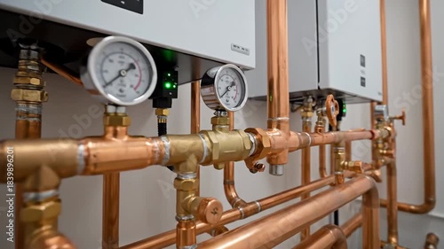 Wallpaper Mural Close-up of copper plumbing with gauges in a modern industrial setting. Torontodigital.ca