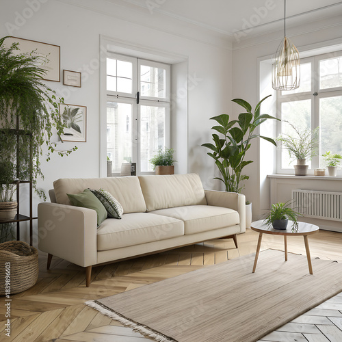 Bright and airy living room with comfortable sofa and abundant plants
