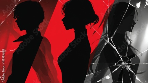 Dramatic black and white and red image of broken love, seen through shattered glass