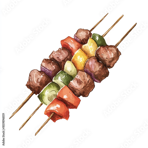 Three grilled meat and vegetable skewers watercolor illustration.