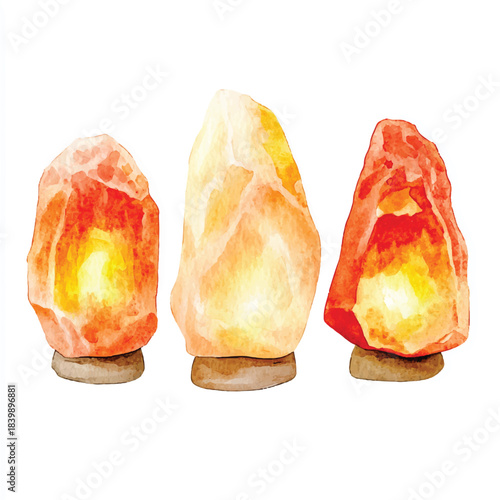 Three Himalayan Salt Lamps Emitting Warm Light on Wooden Bases.