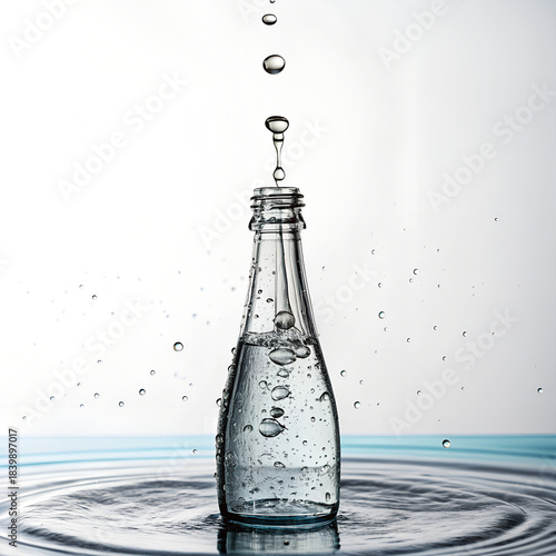 Clear glass bottle filling with water and splashes