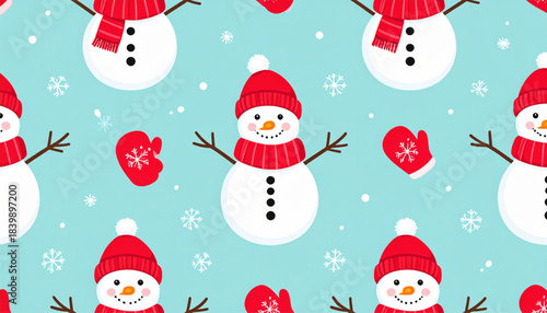 This digital art is a seamless pattern of simple vector illustrations of adorable cartoon snowmen and red mittens on a soft, pastel blue background.