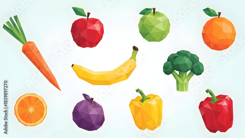 Geometric low poly fruits and vegetables illustration on light background