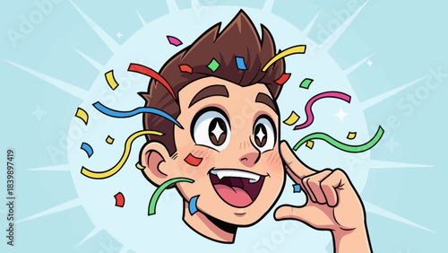 Excited Face Illustration: An animated character expresses jubilant celebration, surrounded by colorful confetti and radiant joy.