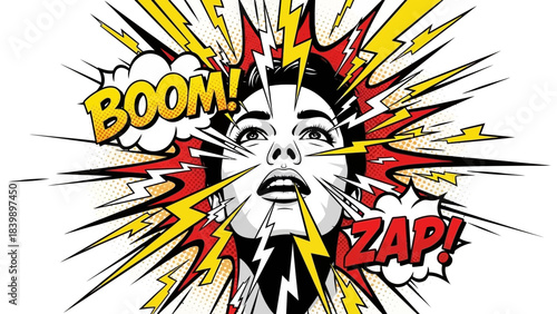 Comic Book Shockwave: A woman's expression of astonishment, radiating explosive energy in a comic book illustration style. Capturing raw emotion and vibrant artistry.