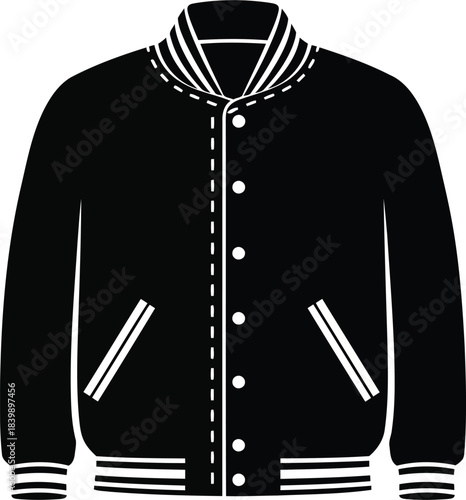 Black varsity jacket with white stripes and stitching