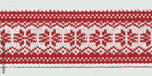 Christmas Cozy red and white knitted pattern border for festive holiday decoration, seamless texture.
