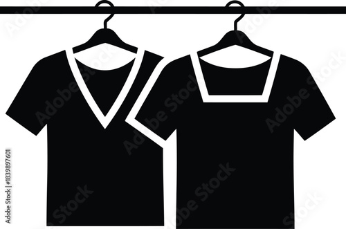 Two black t shirts with different necklines on hangers