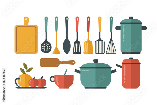 A collection of colorful kitchen utensils and cookware arranged neatly on a white background.