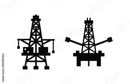 Oil rig silhouette set offshore drilling platform