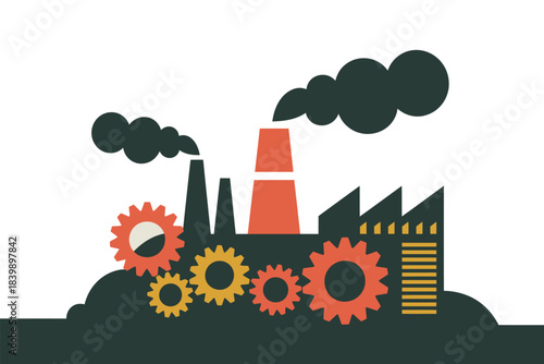 Industrial factory with smoking chimneys and complex gears symbolizing production and manufacturing.