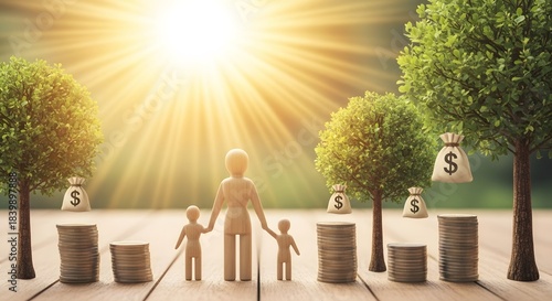 Family financial planning and savings for children's future education and welfare. Concept of wealth management and long-term investment. Wooden figures of a mother and two children next
