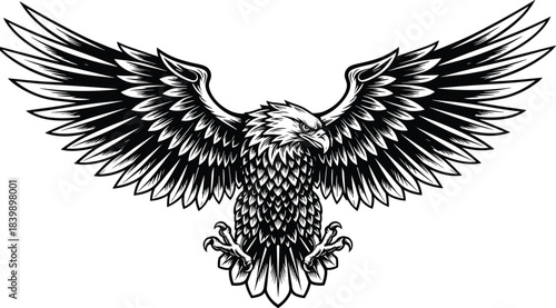 Black and White Stylized Eagle With Wings Spread Wide bird raptor