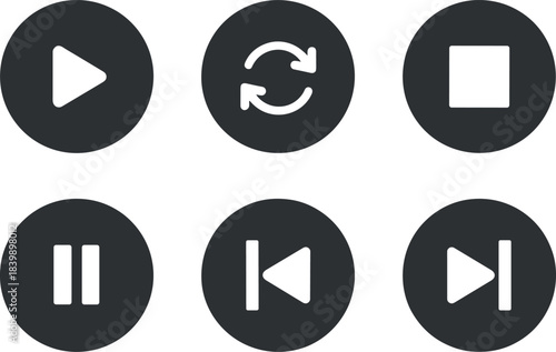 Set Of Six Dark Circular Media Player Icons With White Symbols vector illustration