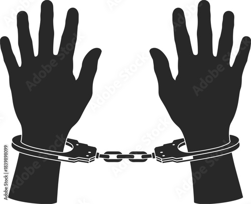 Silhouette of two hands cuffed together with a chain on a white background handcuffs chained